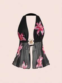 ROMWE Y2K 岛屿女孩开衩露背系带百合花性感吊带衫 - 黑色 - 查看 1