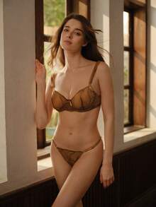 Bisouelle 2pcs Women's Black Sheer Embroidery Bra Set, Wireless Non-Padded Lingerie Set Hollow Out Lingerie Push Up Lingerie Set Underwire Lingerie Set Brown Lingerie Lingerie Set Push Upfor Summerfor Summer - Coffee Brown - View 8