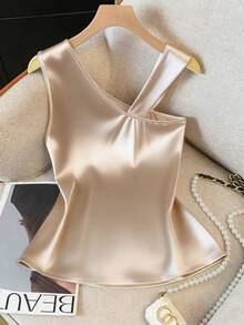 Franclia 女士优雅金属装饰不对称领口吊带背心，夏季必备 - 杏色 - 查看 2