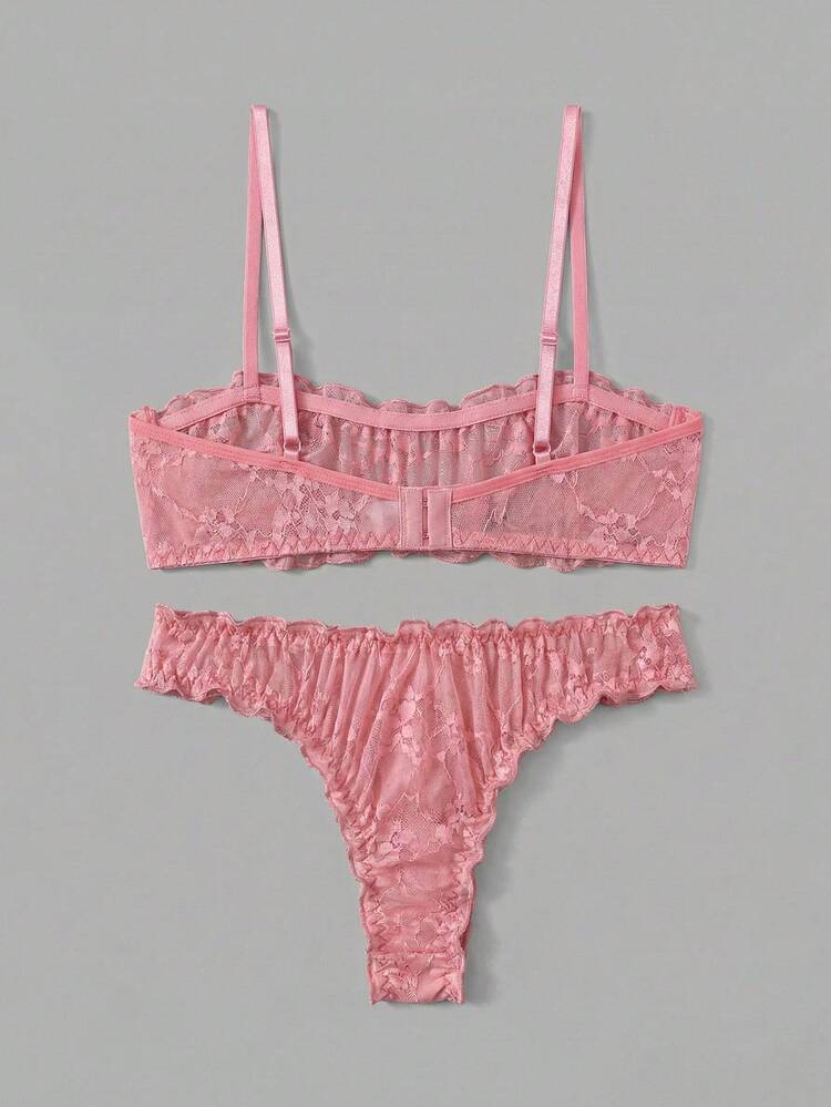 Pink Lace Ruffle Lingerie Set With Bandeau Bra And Matching Panties Spring Summer Sexy Chic Lingerie Set Lace Lingerie