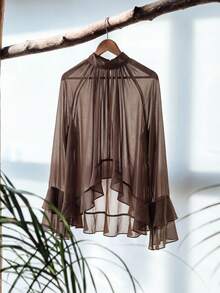 Aveloria Modichic 紫色雪纺荷叶边层叠喇叭形优雅奢华设计女式衬衫 - 咖啡棕 - 查看 1