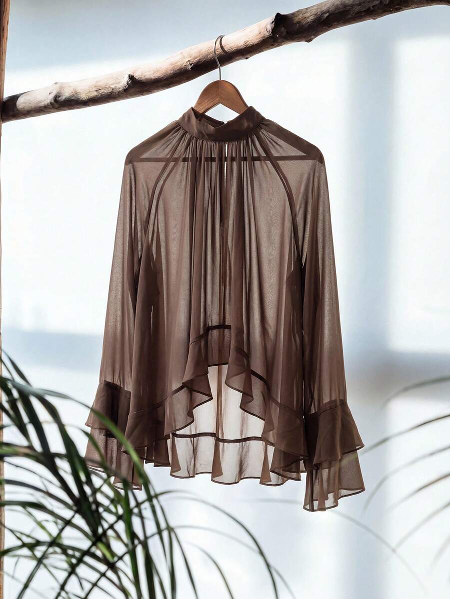 Aveloria Modichic 紫色雪纺荷叶边层叠喇叭形优雅奢华设计女式衬衫 - 咖啡棕 - 查看 1