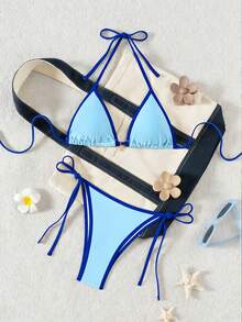Swim Mod 女士新款纯色三角罩杯比基尼套装，性感系带撞色泳衣两件套 - 藍色 - 查看 3