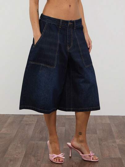 COUREZ 低腰宽松常规牛仔短裤，方形口袋设计 / Y2K 夏季女装 夏季女装 长款短裤 蓝色牛仔短裤 宽松牛仔短裤 节日服装 演唱会服装 春季女装