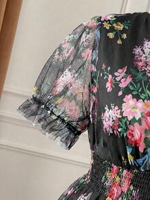 Rometta Đầm voan hoa tay ngắn mới, thích hợp cho tiệc sinh nhật, tiệc trà chiều, hẹn hò Valentine, đám cưới, tiệc tối. - màu đen - Xem 7