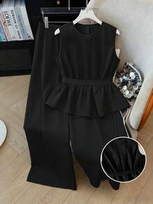 GlowEve CURVE Regata Elegante com Cintura Ajustada Plus Size + Calça Larga de Perna Larga Solta Moda Plus Size - Preto - Visão 1