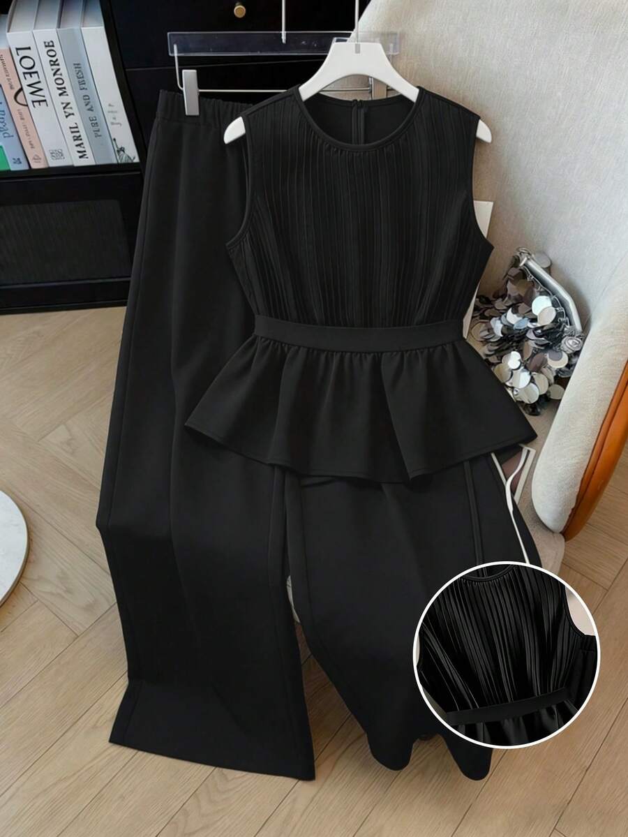 GlowEve CURVE Regata Elegante com Cintura Ajustada Plus Size + Calça Larga de Perna Larga Solta Moda Plus Size - Preto - Visão 1