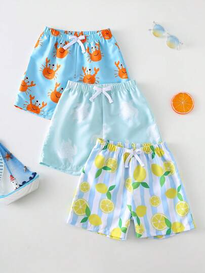 SHEIN Young Boy 3pcs/Set Cute Lemon, Crab & Turtle Print Swimsuit Shorts, Swimwear Set, Suitable For Beach, Vacation, Surfing