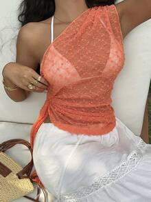 SHEIN Holidaya Sexy Sheer One-Shoulder Backless Top For Summer Vacation & Date - Orange - View 3