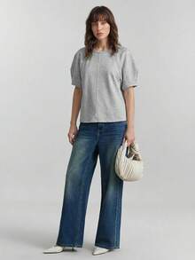 Ontre 2026SS Damen bequemes, hautfreundliches, elastisches graues T-Shirt mit Rundhalsausschnitt, Raglanärmeln, Bündchendesign, Lässig, geeignet für urbane Pendler, Business-Casual, Hochzeitsgäste Outfit, Frühling - Hellgrau - Übersicht 3