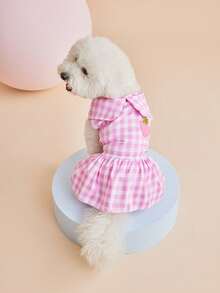 1 pieza Vestido de mascota con estampado de cuadros rosas y fresas, estilo francés elegante - Multicolor - Ver 6