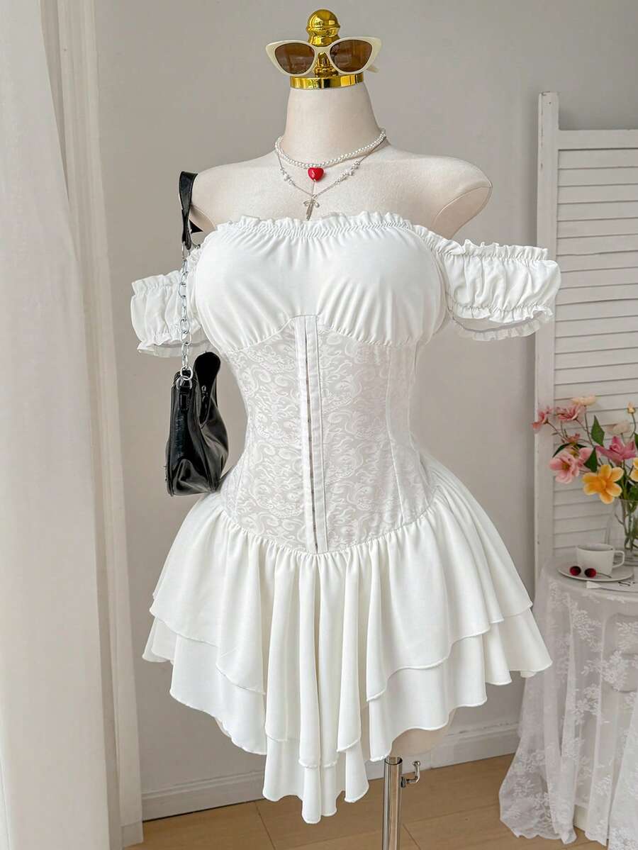 Comfortcana Đầm mini dáng chữ A bằng chiffon màu trắng xếp ly, phối eo, bèo nhún, trễ vai, gấu đầm xếp lớp, cỡ lớn, thích hợp cho mùa xuân/hè. - trắng - Xem 1
