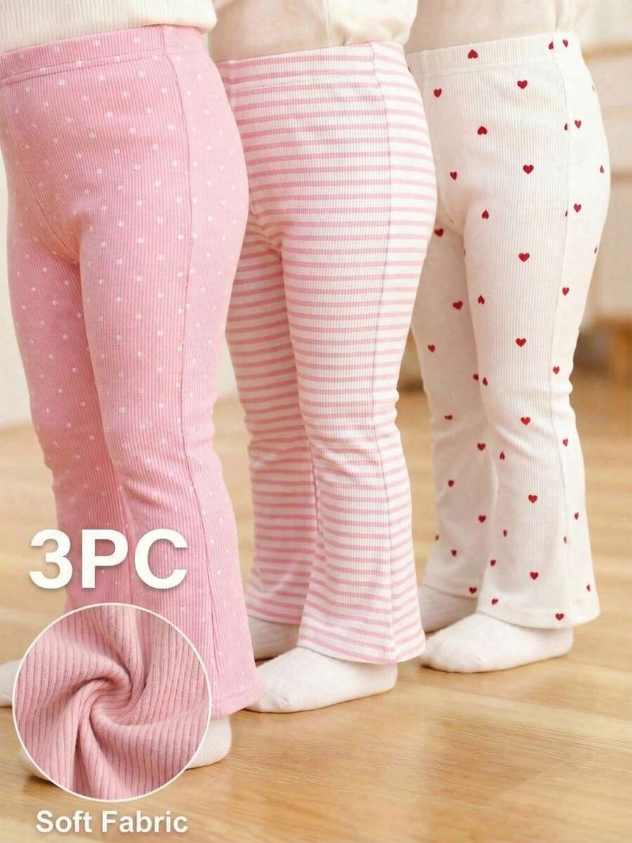 SHEIN Bộ 3 quần dài cho bé gái, chất liệu dệt kim gân, in hình trái tim đôi, ống loe, ôm sát, mềm mại, dày dặn, thích hợp mặc hàng ngày đi học, chơi đùa, dự tiệc, mùa xuân hè, thu đông. - Nhiều màu - Xem 1