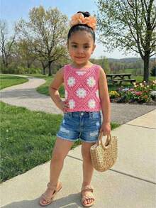 Young Girl Fashionable Vacation Fitted Camisole Crochet Floral Knit Tank Top, Pink,Kids - Pink - View 5