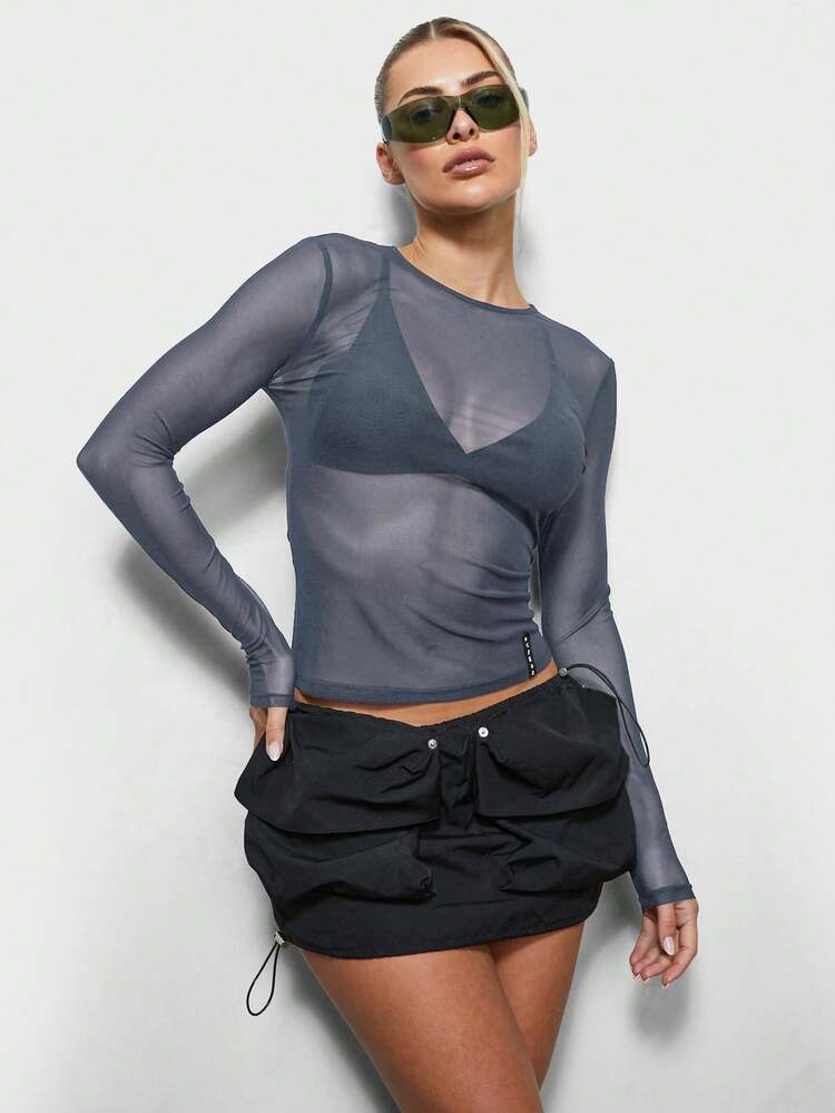 SUMWON Long Sleeve Sheer Mesh Top With Built In Bra For Layering Outfits