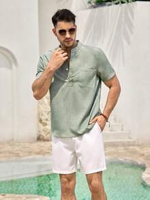 Mercer Haus 2pcs Set Men Green Short Sleeve Shirt & White Shorts With Pocket , Suitable For Summer Tropical Holiday Vacation In Hawaii. - Green - View 5