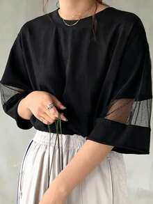 FRIFUL Women's Casual Solid Color Mesh Patchwork T-Shirt, Summer - Black - View 5