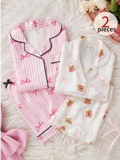 SHEIN Set de 2 piezas de chaqueta tipo polo con estampado de oso y shorts casuales y cómodos para niña, adecuado para el verano