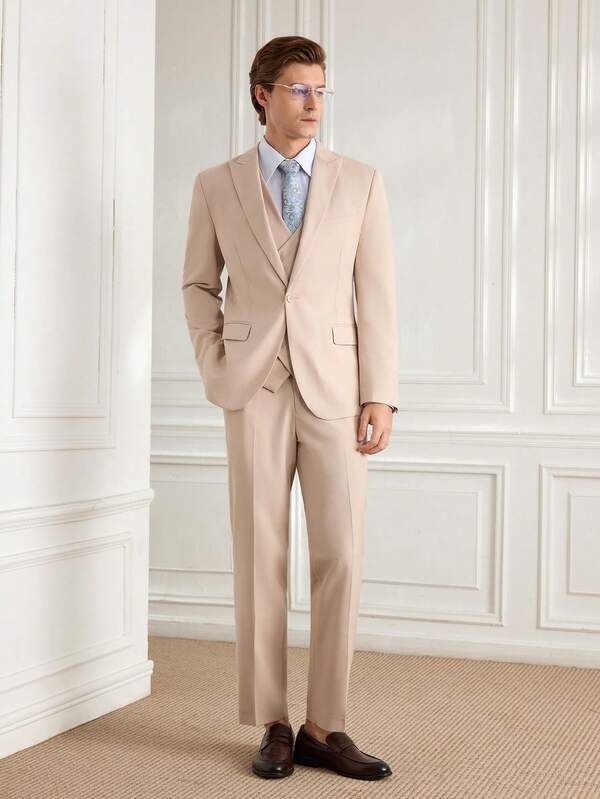 Officeau Furuyal 男士三件套西装，优雅纯色修身婚礼西装外套、双排扣马甲和西裤，商务派对正式西装，米色，尺码 XS-3XL