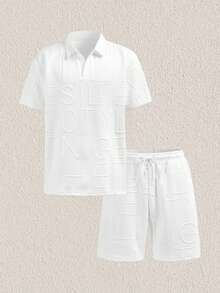 Mercer Haus 男士休闲纹理短袖 Polo 衫和短裤套装，夏季两件套，适合日常休闲和度假穿着 - 白色 - 查看 1