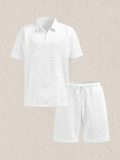 Mercer Haus Men's Casual Textured Short Sleeve Polo Shirt And Shorts Set, Summer 2 Pieces Outfit Suitable For Daily Casual And Holiday Wear