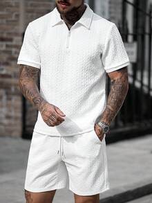 Manfinity CasualCool 男士夏季休闲 Polo 领半拉链短袖短裤套装，采用针织波浪条纹提花面料制成，适合户外活动、度假和休闲穿着。 - 白色 - 查看 8