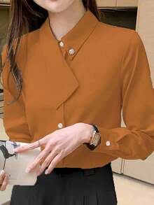 EMERY ROSE Asymmetrical Collar Versatile Elegant Commuter Women T-Shirt Fall Cloth For Women - Burnt Orange - View 4