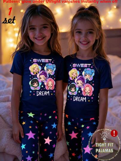 1 Set Young Girls Pajamas, New Arrival Spring/Summer Hot Selling, Glow-In-The-Dark Girl Pattern Knit Tight Fit Round Neck Short Sleeve Top Paired With All-Over Star Print Pants, 2 Pcs Tight Fit Pajamas, Suitable As Holiday Gift (Requires UV Light Exposure To Glow)