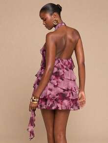 SHEIN BAE Women's Pink Floral Summer Flower Power Night Out Red Tie Dye Halter Neck Ruffle Hem Mini Dress,Suitable For Party,Vacation,Banquet,Wedding,Date - Burgundy - View 2