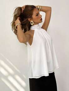 Aloruh Blusa de verano de cuello halter de unicolor casual para mujer - Blanco - Ver 3