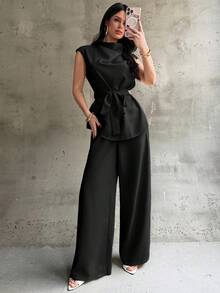 Firerie Bộ đồ nữ thanh lịch, tối giản, thường ngày, phong cách công sở, thời trang thành thị, áo sơ mi cổ xếp ly, tay ngắn, thắt eo và quần ống rộng cạp cao, màu be, 2 món. - màu đen - Xem 4