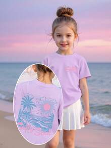 SHEIN 女童Salty Soul沙滩印花短袖T恤，日常穿着的理想之选，紫色可爱图案T恤，时尚休闲上衣，适合所有季节，夏季海滩度假必备 - 紫色 - 查看 3