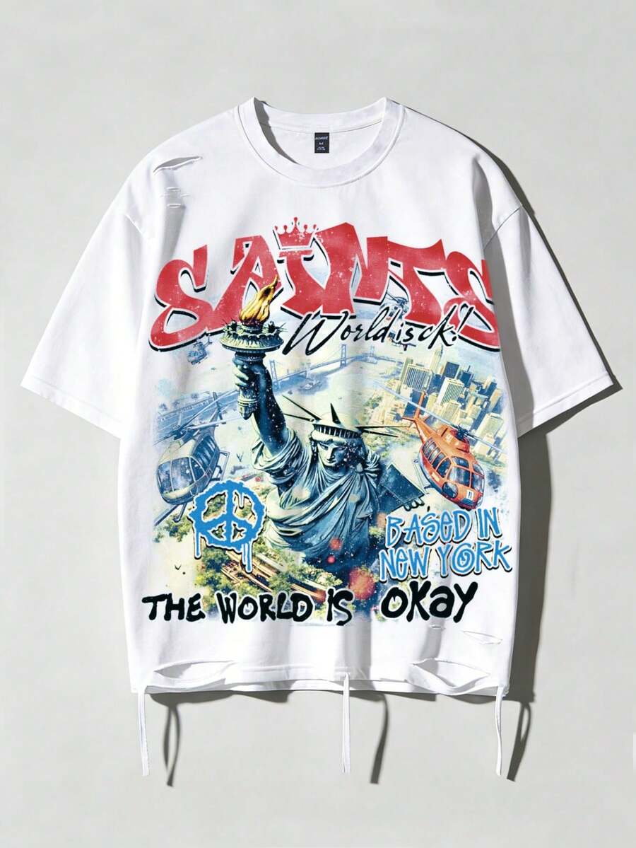 ROMWE MEN Street Life Camiseta de manga corta casual para hombres con diseño muy desgastado - Blanco - Ver 1