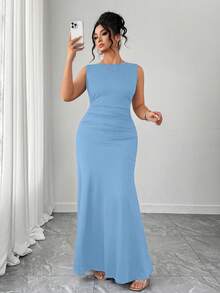Elenzga Vestido de línea A de cuello redondo sin mangas elegante para mujer, diseño de cintura fruncida, tela de punto sólida - Azul - Ver 1