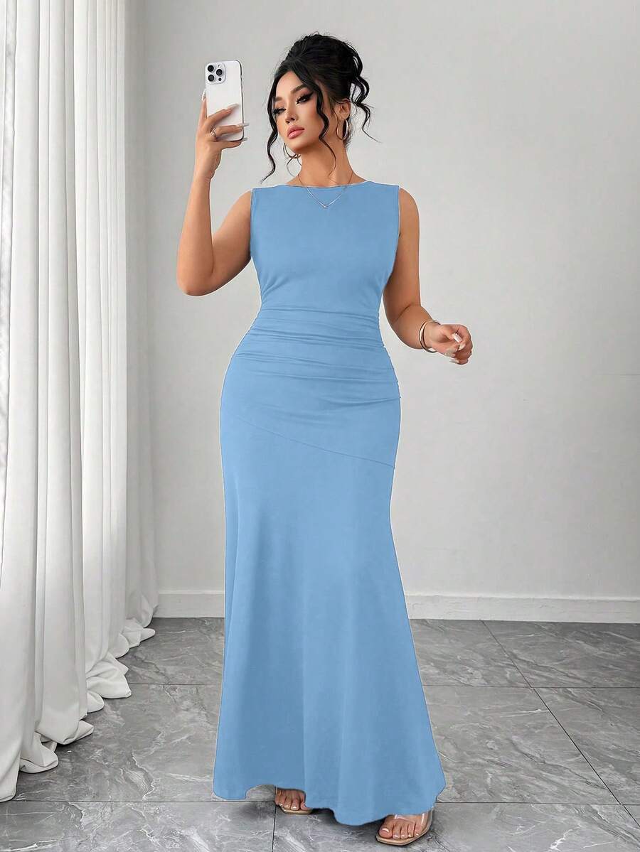 Elenzga Vestido de línea A de cuello redondo sin mangas elegante para mujer, diseño de cintura fruncida, tela de punto sólida - Azul - Ver 1
