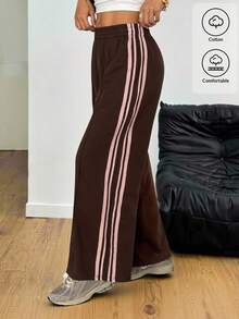 SHEIN PETITE 女士休闲撞色条纹阔腿运动裤，夏季必备 - 棕色 - 查看 8