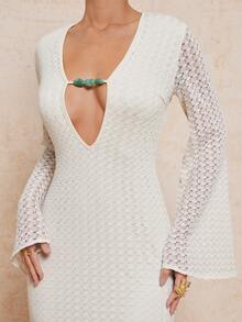 Lumalex 金属装饰深V领喇叭袖修身条纹印花连衣裙（女款） - 杏色 - 查看 7