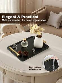 1PC Bamboo Serving Tray With Metal Handles Black Finish Decorative Coffee Table Tray Multipurpose For Breakfast Ottoman Home Decor Kitchen Living Room Dining Table Storage Organizer Platter Housewarming Birthday Wedding Gift Idea - Black - View 5
