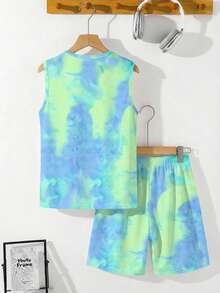 Tween Boy Blue Summer Streetwear Holiday Vacation Tie-Dye Tank Top And Shorts 2-Piece Set,Casual Sporty Beach Style Loose Soft Comfortable Outfit - Multicolor - View 3