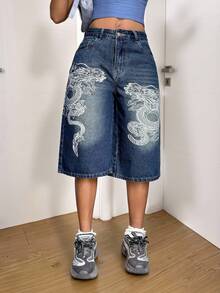 StreetHx 女士时尚休闲百搭中国风印花宽松七分牛仔裤 - 深色水洗藍 - 查看 6