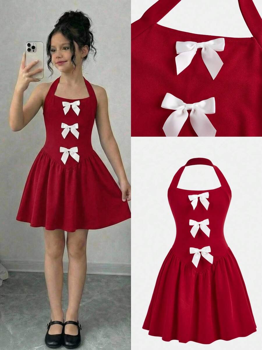 Firerie Kids Đầm ngắn dáng chữ A phối màu đỏ, dây mảnh, ôm eo, xòe nhẹ, dành cho bé gái tuổi teen, thích hợp mặc đi học, dự tiệc Valentine, thanh lịch, dễ thương, màu trắng điểm nơ, dây mảnh, thích hợp mặc đi học. - Đỏ - Xem 1