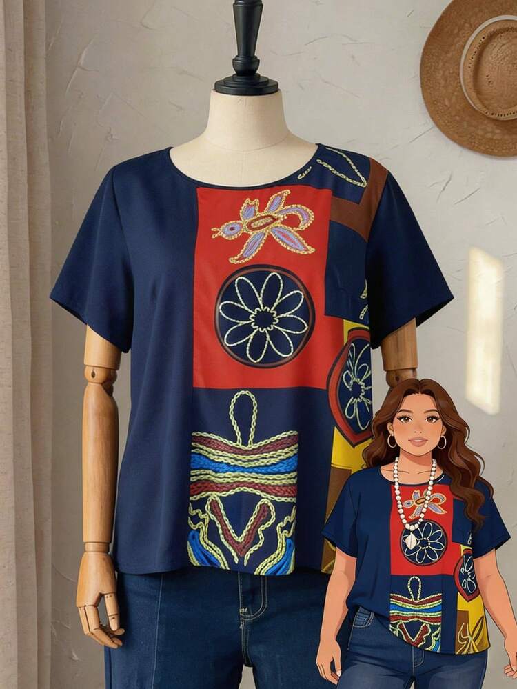 Plus Size Women Floral Print Round Neck Casual Versatile Daily Wear Short Sleeve Shirt\Summer\Vacation Summer Tops Summer Outfits Summer Clothes  Spring  Spring Outfit Women Spring Clothes Country Style For Women Beach Outfits For Women  Beach Vacation Outfits For Women Seaside Retro Mannequin Window Display