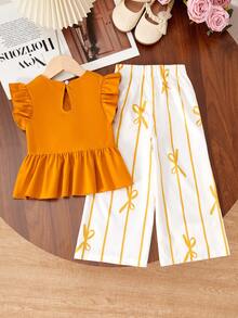 Elladie kids 女童（小号）可爱荷叶边不对称下摆设计蝴蝶结印花休闲裤套装 - 薑色 - 查看 2