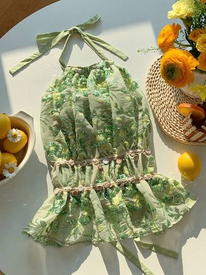 Comfortcana 2026 Spring/Summer New Women's Green Bead Flower Hanging Neck Strap Tank Top,Winter,Easter,Party ,Beach,Wedding,Graduation,Elegant,Casual,Vacation,Sports, Formal,Y2k,Business,Sequin,Fringe,Ruffle,Flower,Graphic,