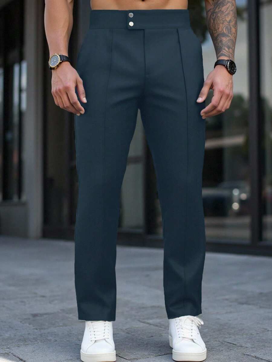 Manfinity Homme Men's Summer Casual/Business Solid Color High-Waist Suit Pants - Navy Blue - View 1