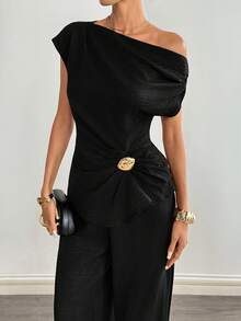 Nuevo conjunto con decoración metálica en el hombro para mujer en color marrón - Negro - Ver 8