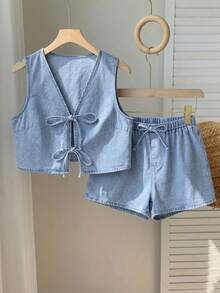 2件套少女蓝色牛仔无袖背心和宽松短裤 - 淺色水洗藍 - 查看 3