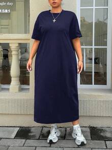 SHEIN EZwear 夏季大码休闲纯色T恤裙 - 藏蓝色 - 查看 2