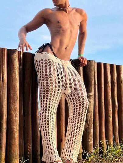 Surfspeed Men's  Solid Color Crochet  Hollow Out Vacation Pants, Summer,Outdoor Sports T  Men Vacation Vacation Wear Tropical Vacation Men Vacation , Hawaiian BeachModeOn Tropical Vacation Men Clothes Couples Beach Wear Matching Bathing Suits For Men And Women Men S Resort Wear White Mesh Cover Up Beach Outfit For Men And Women Couple Beach Outfits For Men White Swimsuit Cover Up Sheer Cover Ups For Swimwear Matching Swimwear For Couples Women S Summer Outfits Mens Summer Pants See Through Trousers White