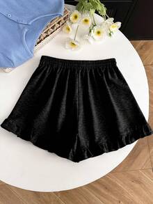 Resyla 女士纯色弹力腰抽绳休闲夏季短裤 - 黑色 - 查看 2